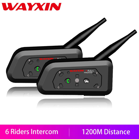 WAYXIN 2pcs Motorcycle Bluetooth Intercoms Wireless Waterproof Up to 1200m 6 Riders R6